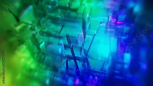 Abstract geometric shapes in vibrant, shifting hues of teal, green, and purple
