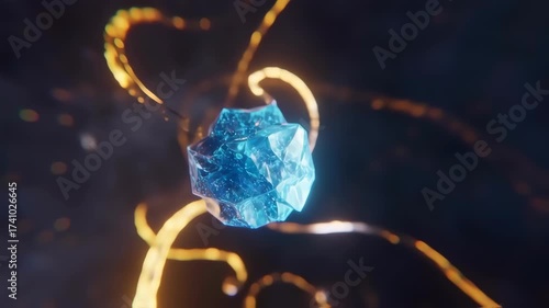 Abstract digital image of a multifaceted, light-blue crystal-like object suspended in a dark space, with streaks of golden light