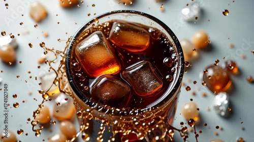 Refreshing iced coffee splash with ice cubes for summer refreshment, offering cool taste and caffeinated energy in every dynamic drop