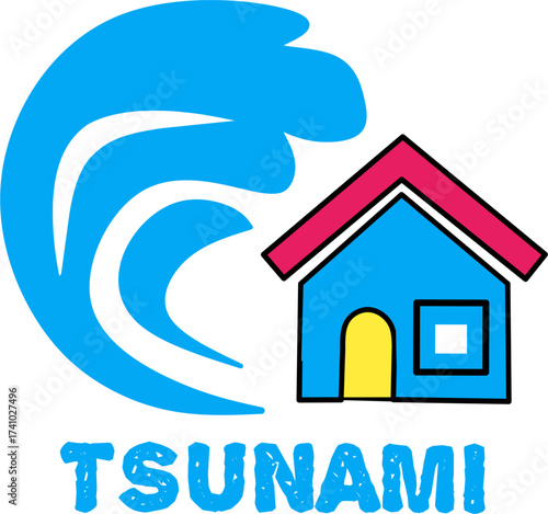 Vector illustration of a tsunami wave icon hitting a house, isolated on white