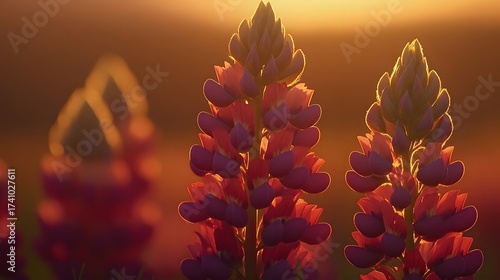 Fototapeta Naklejka Na Ścianę i Meble -  Golden hour shines on lupine flowers, creating an ethereal landscape and texture