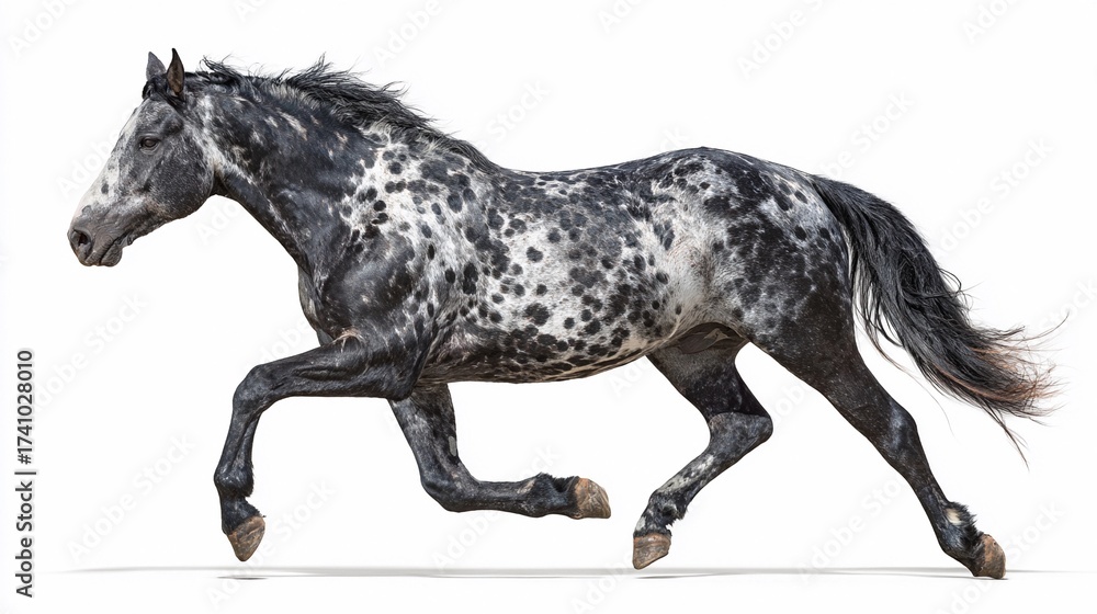 Fototapeta premium Spotted horse running gracefully on a white background during daylight hours, showcasing strength and elegance in motion