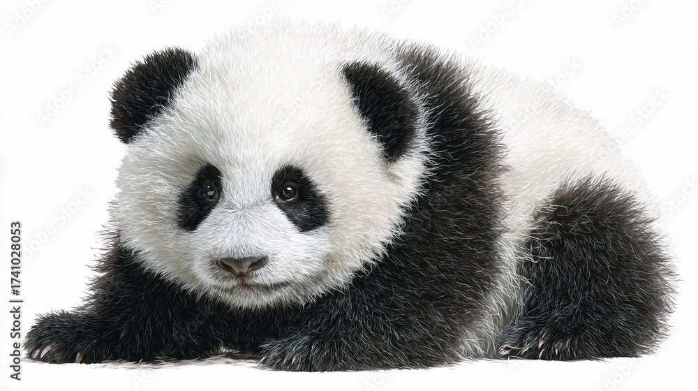 Fototapeta premium Cute panda cub relaxing on a soft surface, displaying its distinctive black and white fur, in a serene setting, enjoying a calm moment