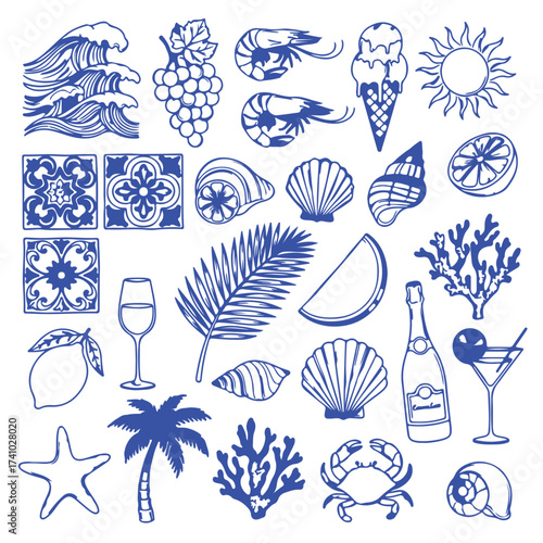 Hand-drawn summer illustration set – minimalist line art inspired by Italian dolce vita. Features palm trees, lemons, cocktails, sun and sea, and seashells in doodle sketch style. Perfect for vacation