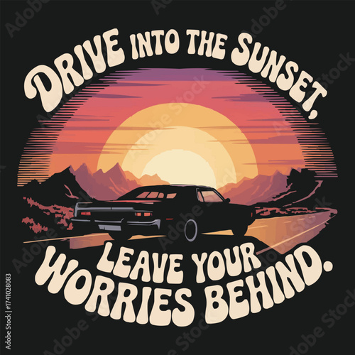 Drive Into The Sunset Retro Car T Shirt Vintage Sunset Road Trip Design