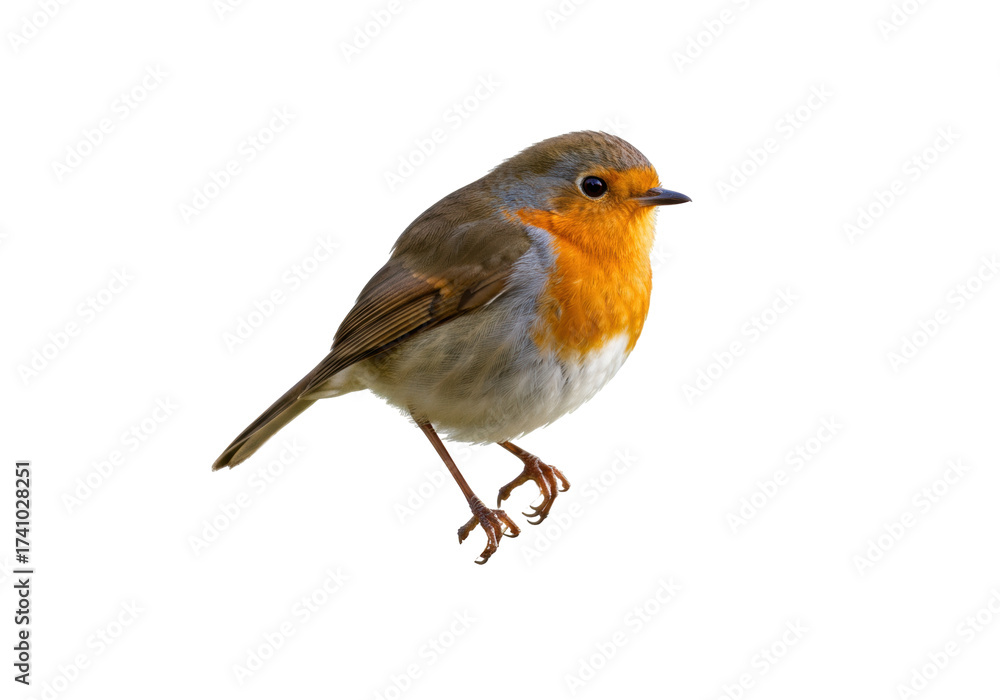 Fototapeta premium European robin isolated PNG on transparent background, small colorful bird with orange breast for design and decoration use