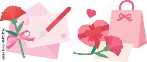 Mother's Day carnation and appreciation gift elements simple illustration set
