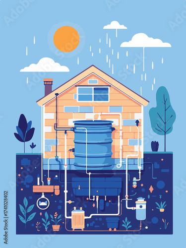 Vector Illustration of a Sustainable Home with Rainwater Harvesting System