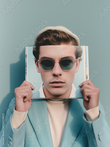 A man in stylish blue suit holds a magazine with his own portrait aligned over his face. Conceptual fashion portrait with identity twist and modern color palette.