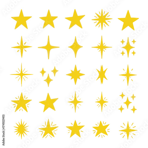 Chalk star set. Hand-drawn yellow crayon stars with rough grunge texture and sketchy edges. Dreamy celestial doodles, sparkles, and cosmic highlights. Vector illustration.