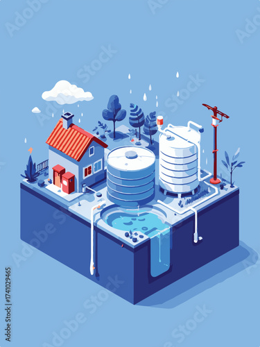 Isometric Vector Illustration of a Sustainable Home with Rainwater Harvesting System