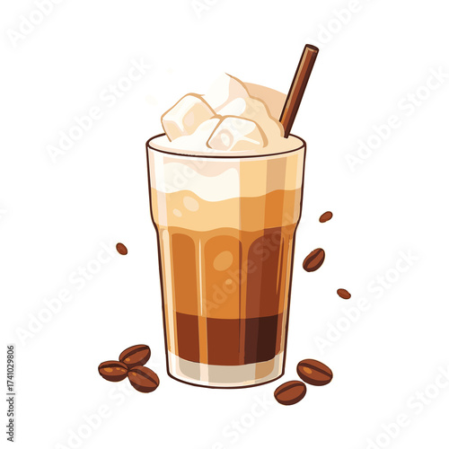 Iced Coffee with Whipped Cream PNG Illustration (Isolated, No Background)