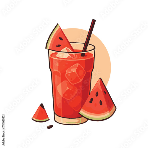 Fresh Watermelon Juice with Ice and Straw Illustration png