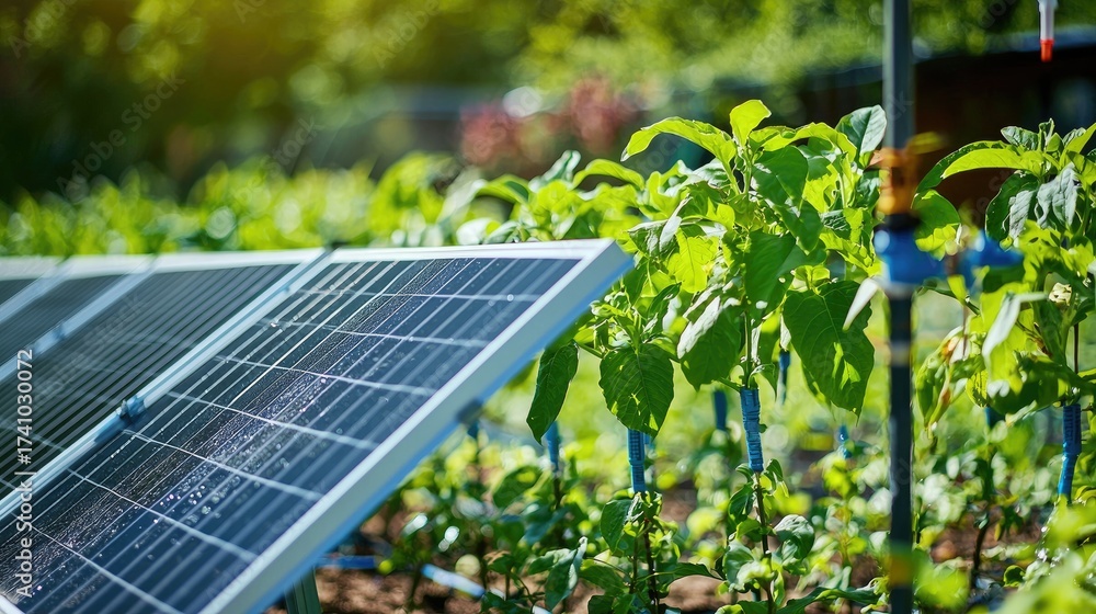 Fototapeta premium Solar-powered irrigation system in a smart urban garden, tech meets nature