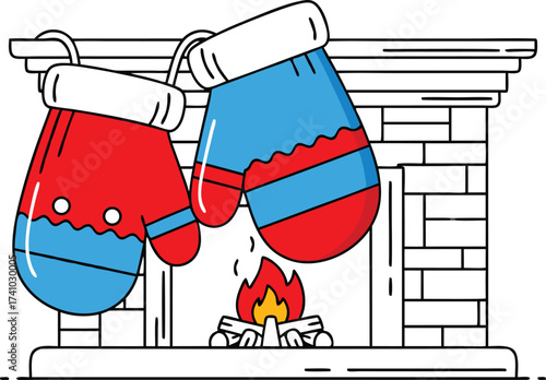 Two vibrant red and blue mittens with white cuffs hanging above a cozy fireplace with burning fire and stacked logs, perfect for cheerful winter season and holiday themes