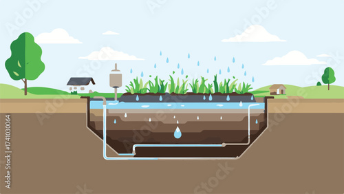 Vector Illustration of a Sustainable Home with Rainwater Harvesting System