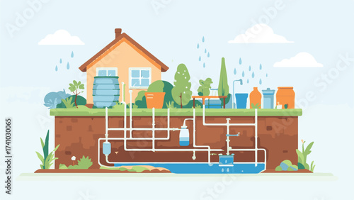 Vector Illustration of a Sustainable Home with Rainwater Harvesting System