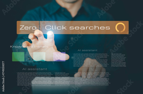 Zero Click Searches concept with businessmen using agentic AI and virtual screens to optimize GEO, SEO, and AI Overviews. Represents future search engine ranking and knowledge panel technology.