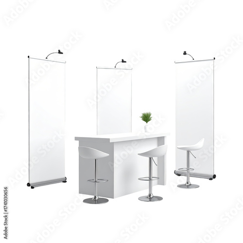 White exhibition booth with three vertical banners and a bar-style counter
