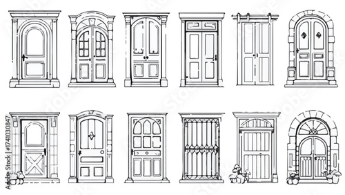 Black and White Line Art Front Door Icon Set – Vector Collection of Decorative Entryways