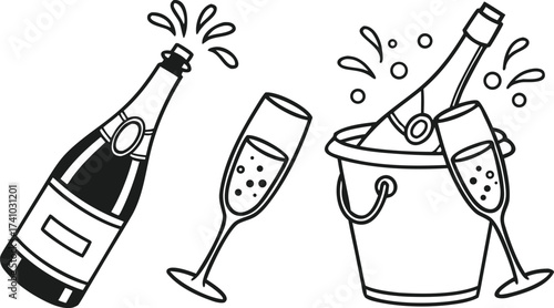 Black and white illustration of champagne bottle glasses and ice bucket celebration
