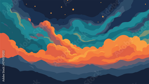 Colorful cloudscape over mountains abstract vector background