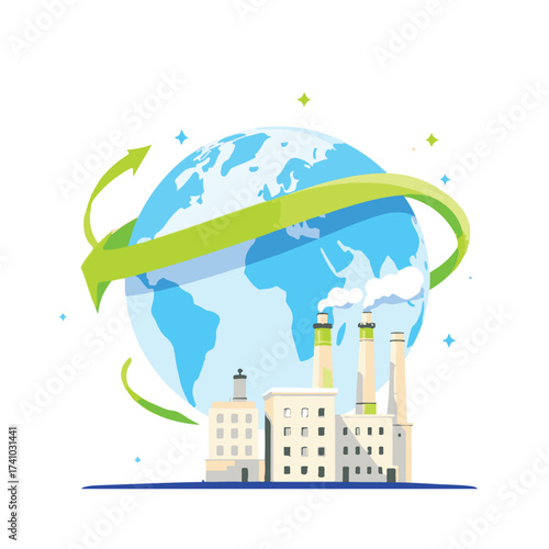 Eco-friendly globe with factory and green arrows sustainability concept
