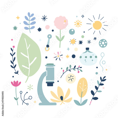 Flat science and nature concept illustration with plants and lab icons