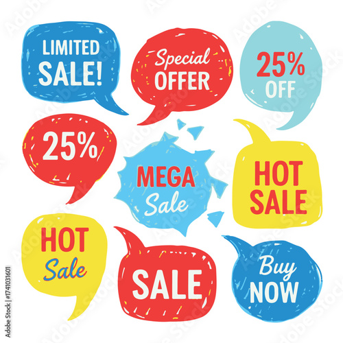Colorful sale label set. Textured speech bubble stickers for discounts, seasonal offers, retail promotions, and special price tags. Vector isolated collection.