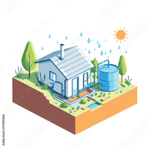 Isometric Vector Illustration of a Sustainable Home with Rainwater Harvesting System