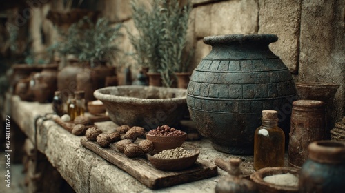 Wallpaper Mural Earthy still life featuring rustic pottery, nuts, and dried goods on a stone ledge Torontodigital.ca