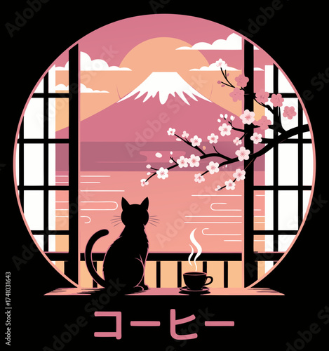 A digital illustration of a Japanese-style window
view with a black cat silhouette sitting on a wooden balcony railing