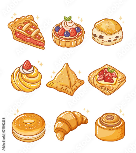 Cute cartoon vector set of popular bakery and sweet desserts
