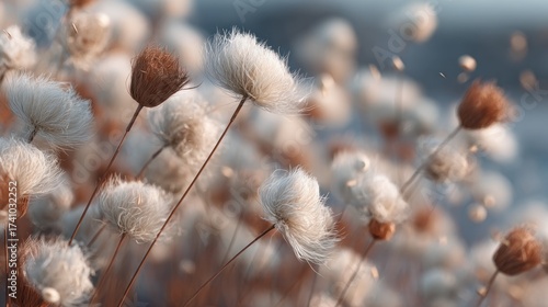 Delicate Eriophorum Vaginatum flowers against soft serene bokeh backdrop