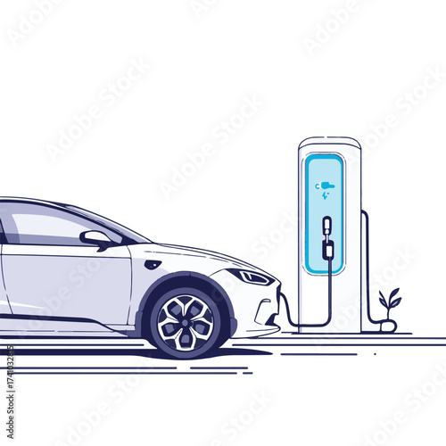 Electric Car Charging at Station – Eco-Friendly Transport Vector Illustration