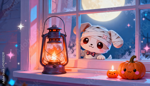 Cute puppy in mummy costume curiously looks through window on whimsical halloween night with glowing lantern
