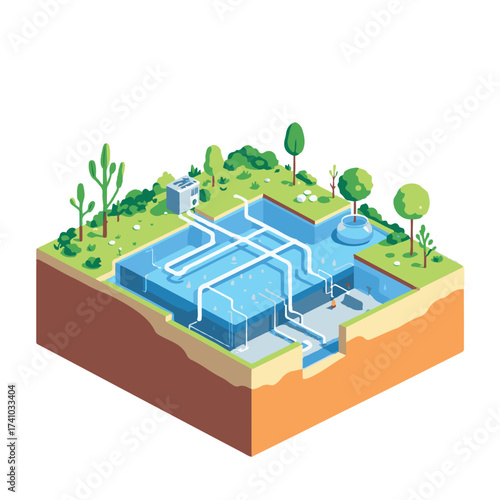 Isometric Vector of Modern Building with Advanced Rainwater Harvesting System