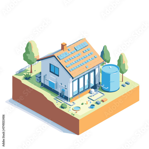 Isometric Vector Illustration of a Sustainable Home with Rainwater Harvesting System