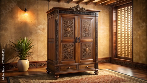 Antique ornate carved dark wood armoire with intricate details and decorative elements in a warm lit room