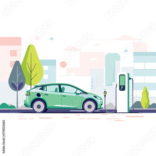 Electric Car Charging at Station – Eco-Friendly Transport Vector Illustration