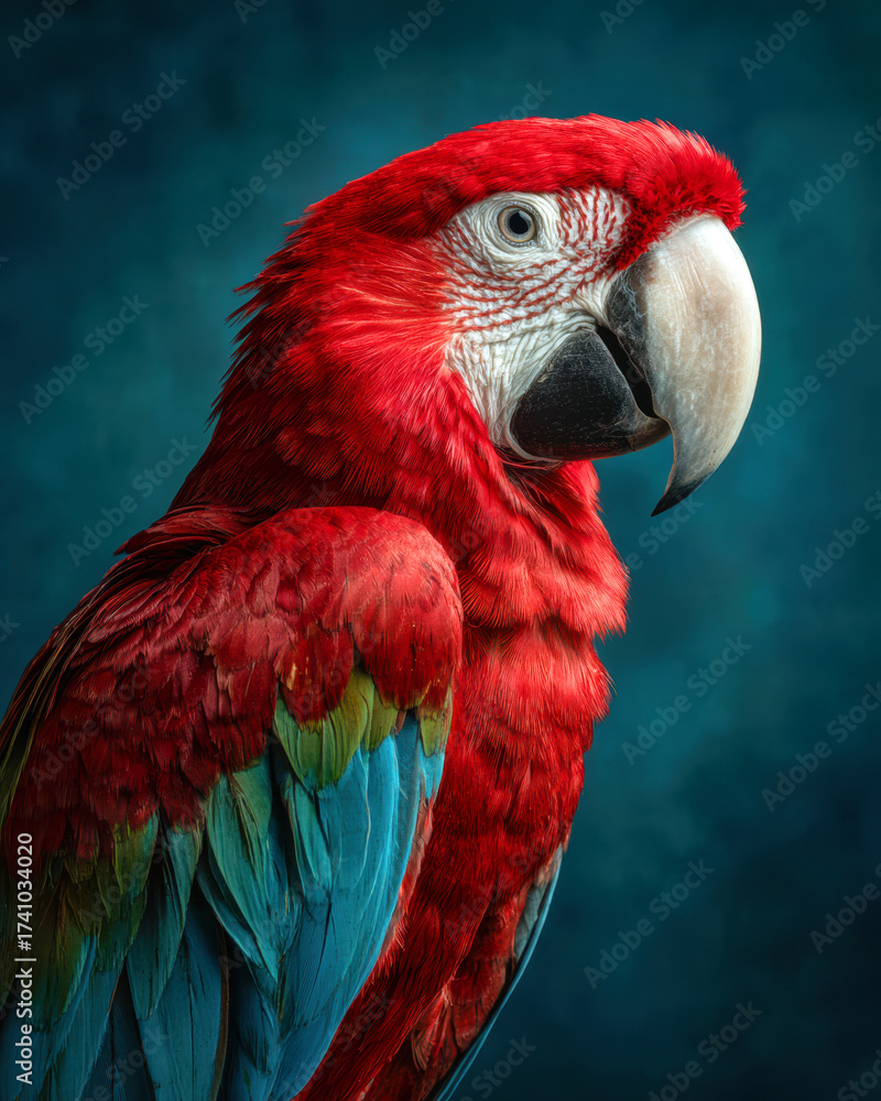 Fototapeta premium Vibrant Red Parrot Perched Against a Dark Backdrop