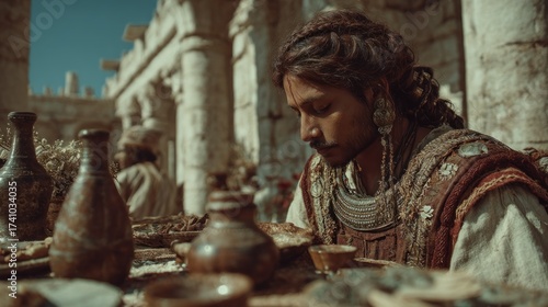 Ancient banquet depiction, a king pondering at a table full of traditional foods