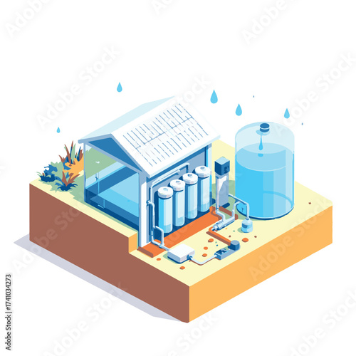 Isometric Vector Illustration of a Sustainable Home with Rainwater Harvesting System