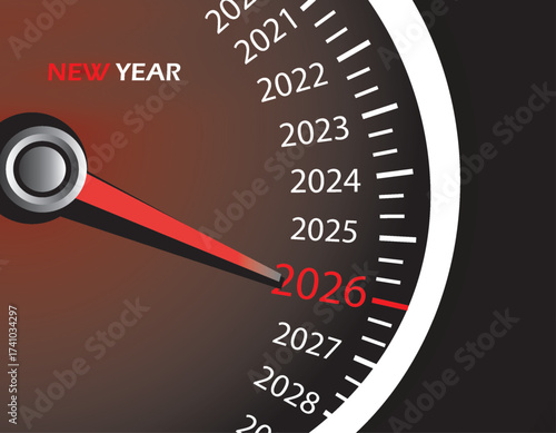 Speeding Into 2026. 	A dynamic speedometer graphic highlights the year 2026 in bold red, symbolizing momentum, transition, and celebration—perfect for New Year themes and future-focused content.
