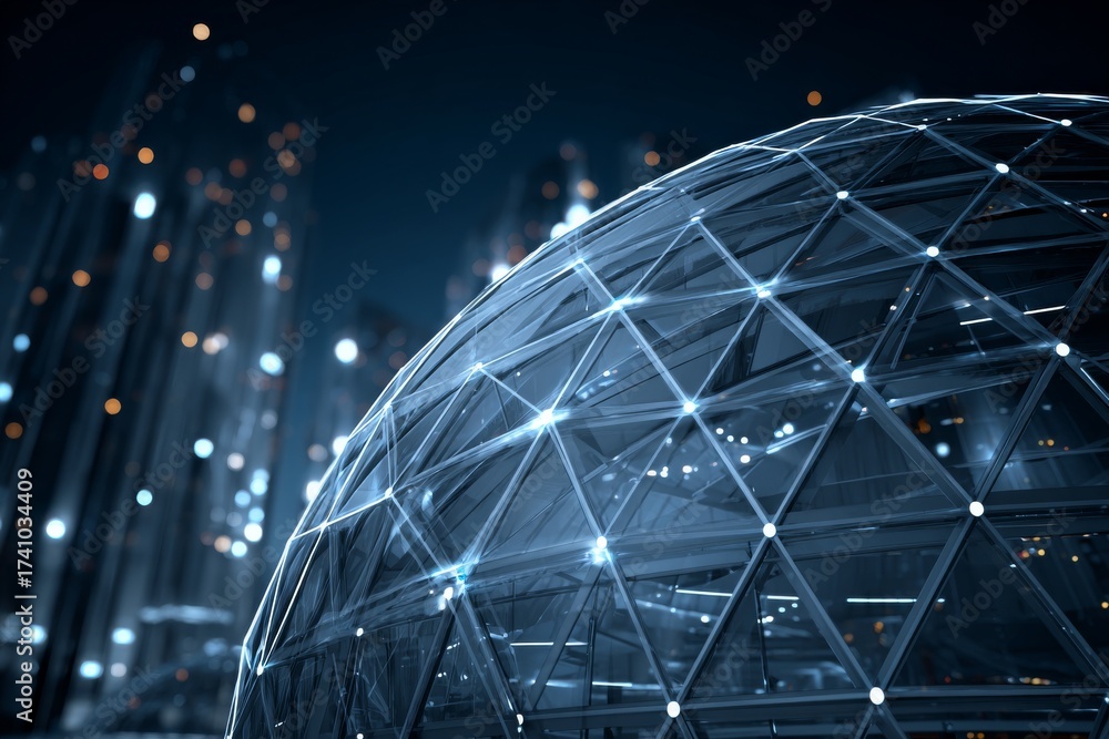 Fototapeta premium Intricate geometric dome illuminated at night with city skyline in the background showcasing modern architecture and design