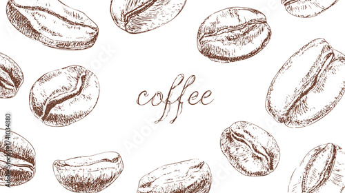 A seamless pattern of hand-drawn coffee beans with the word 'coffee' in a stylish font
