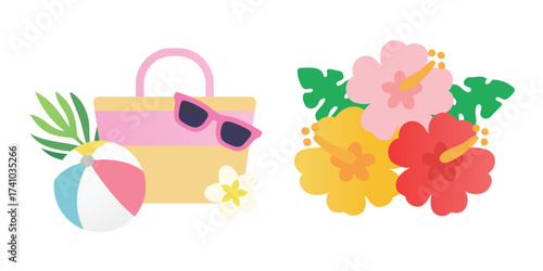 Summer beach leisure items and seaside landscape simple illustration set