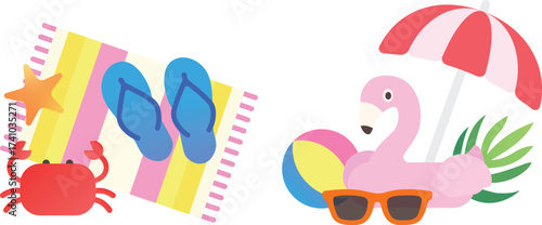 Summer beach leisure items and seaside landscape simple illustration set