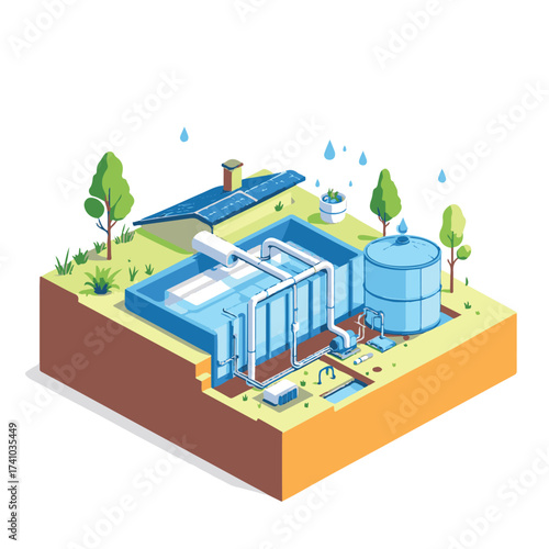 Isometric Vector of Modern Building with Advanced Rainwater Harvesting System