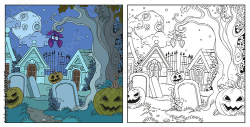 Halloween background cemetery and crypts with pumpkins color and outlined for coloring page
